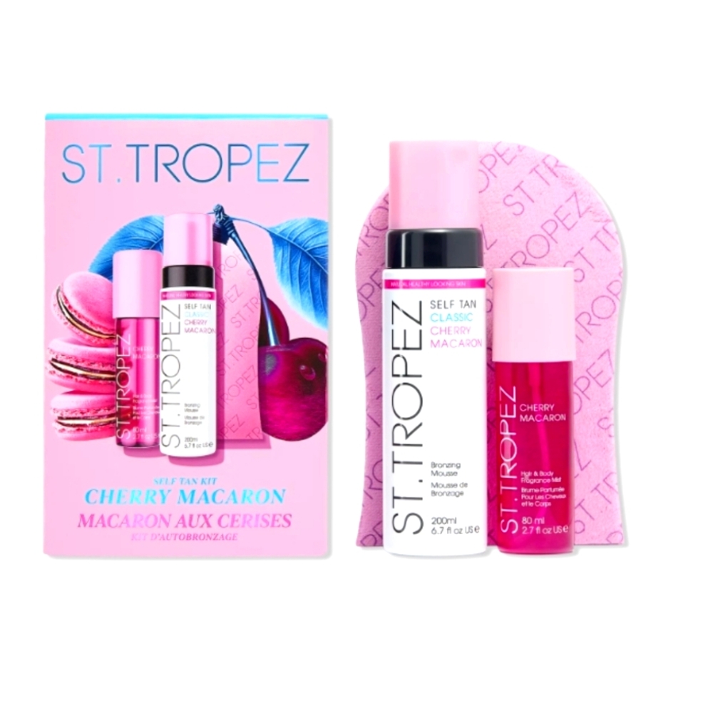 St.Tropez Cherry Macaron Self Tan 3 piece set cruelty free- pink/blue